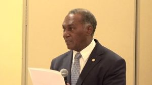 Premier of Nevis Hon. Vance Amory, delivering an address at Part 2 of a Crime Symposium Workshop at the Four Seasons Resort, Nevis, hosted by the Ministry of National Security on March 02, 2017